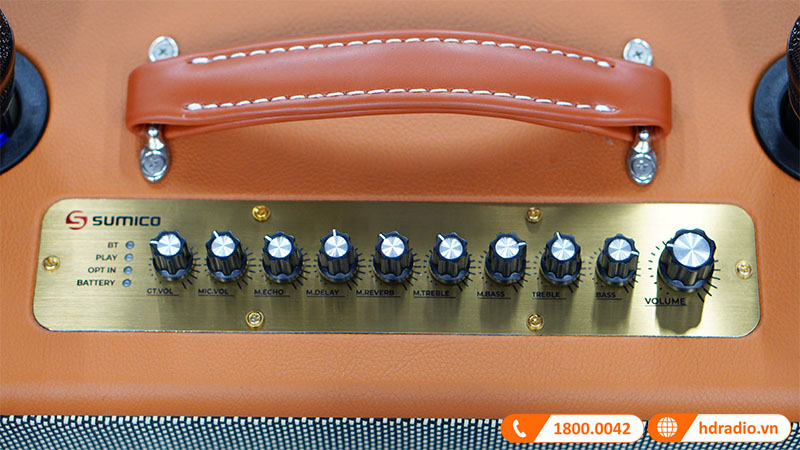 hệ thống núm chỉnh các dải âm và tay cầm bằng da trên Loa Sumico BT-S52